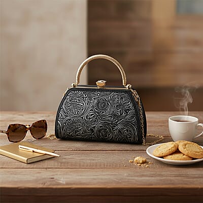 Black Flower Embossed Faux Leather Trapezoidal Clutch Bag with Shoulder Strap