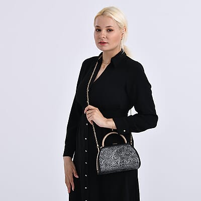Black Flower Embossed Faux Leather Trapezoidal Clutch Bag with Shoulder Strap