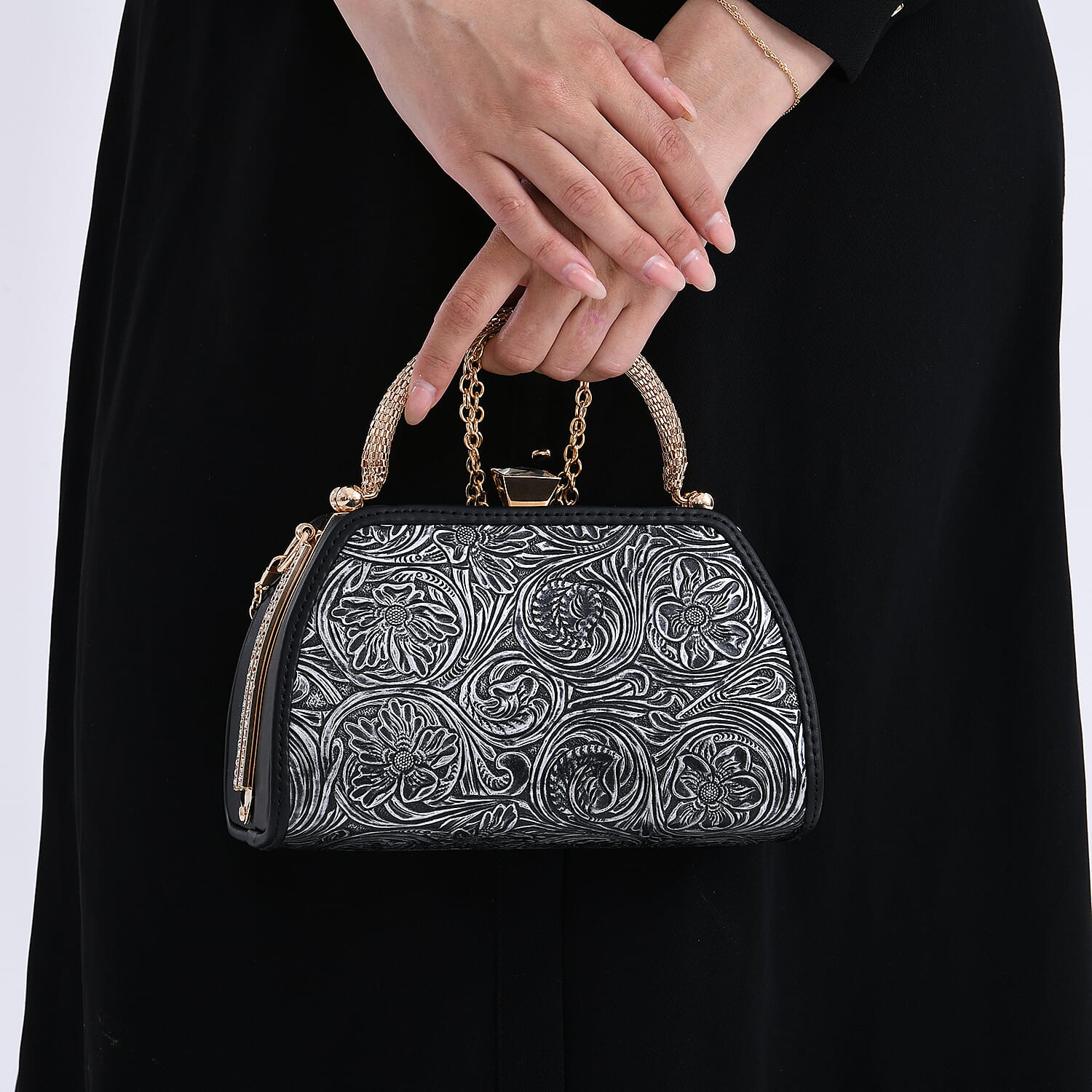 Black Flower Embossed Faux Leather Trapezoidal Clutch Bag with Shoulder Strap