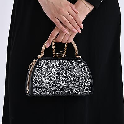Black Flower Embossed Faux Leather Trapezoidal Clutch Bag with Shoulder Strap