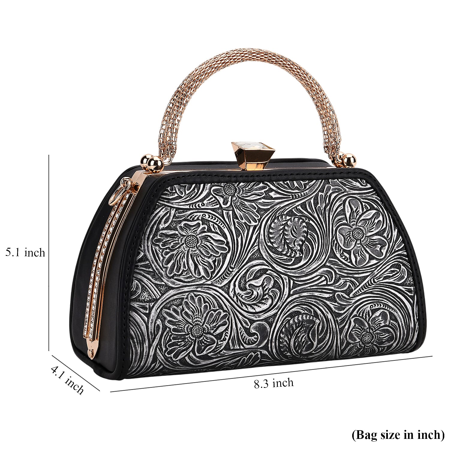Black Flower Embossed Faux Leather Trapezoidal Clutch Bag with Shoulder Strap