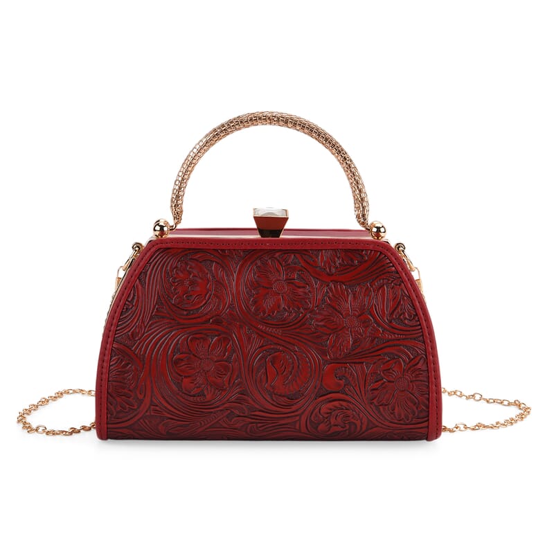 Red Flower Embossed Faux Leather Trapezoidal Clutch Bag with Shoulder Strap