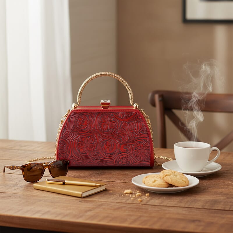 Red Flower Embossed Faux Leather Trapezoidal Clutch Bag with Shoulder Strap