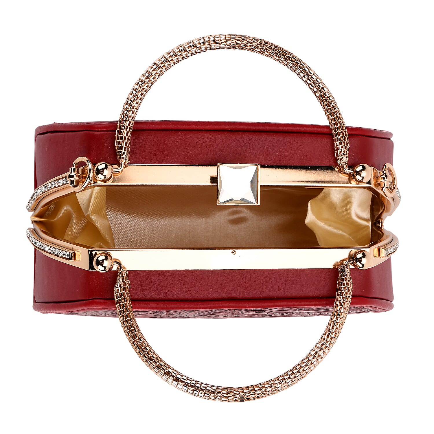 Red Flower Embossed Faux Leather Trapezoidal Clutch Bag with Shoulder Strap