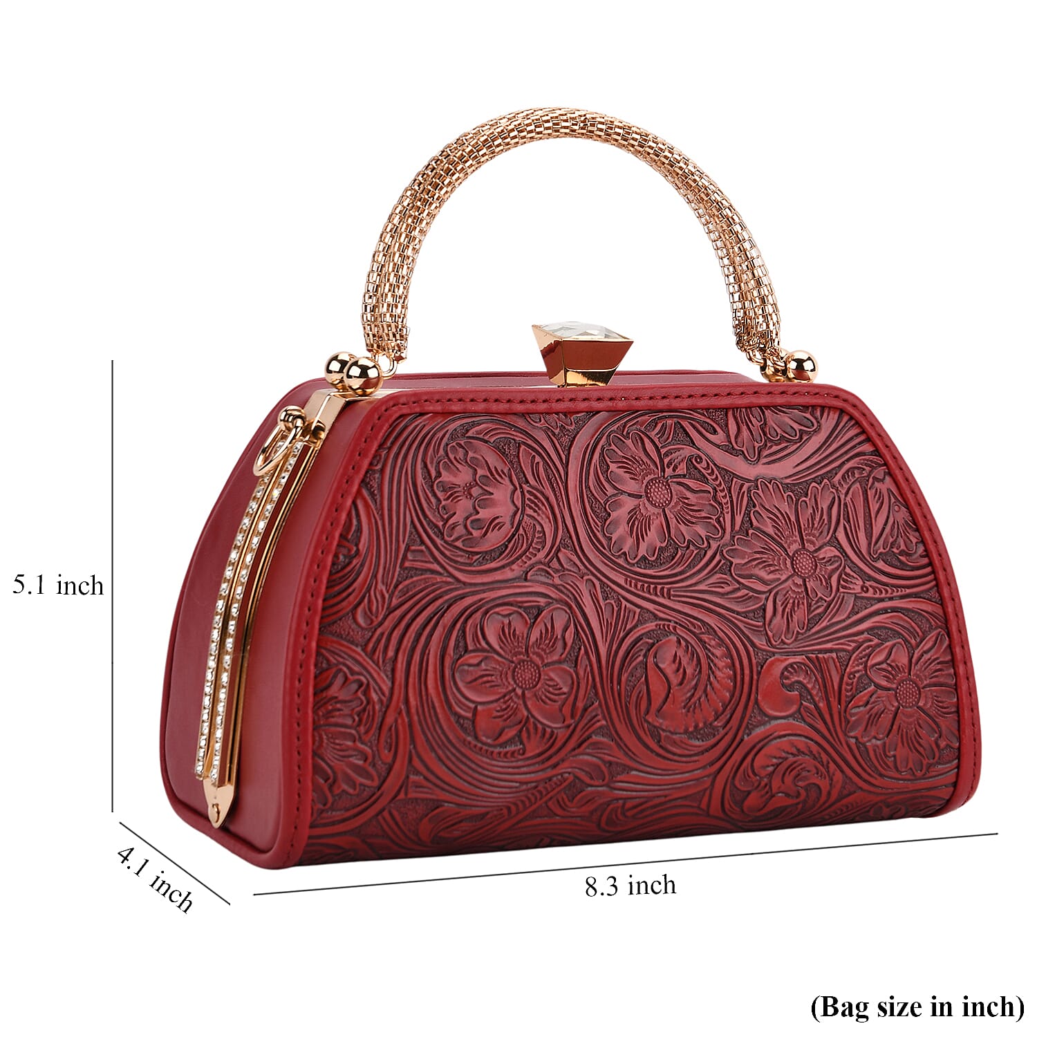 Red Flower Embossed Faux Leather Trapezoidal Clutch Bag with Shoulder Strap