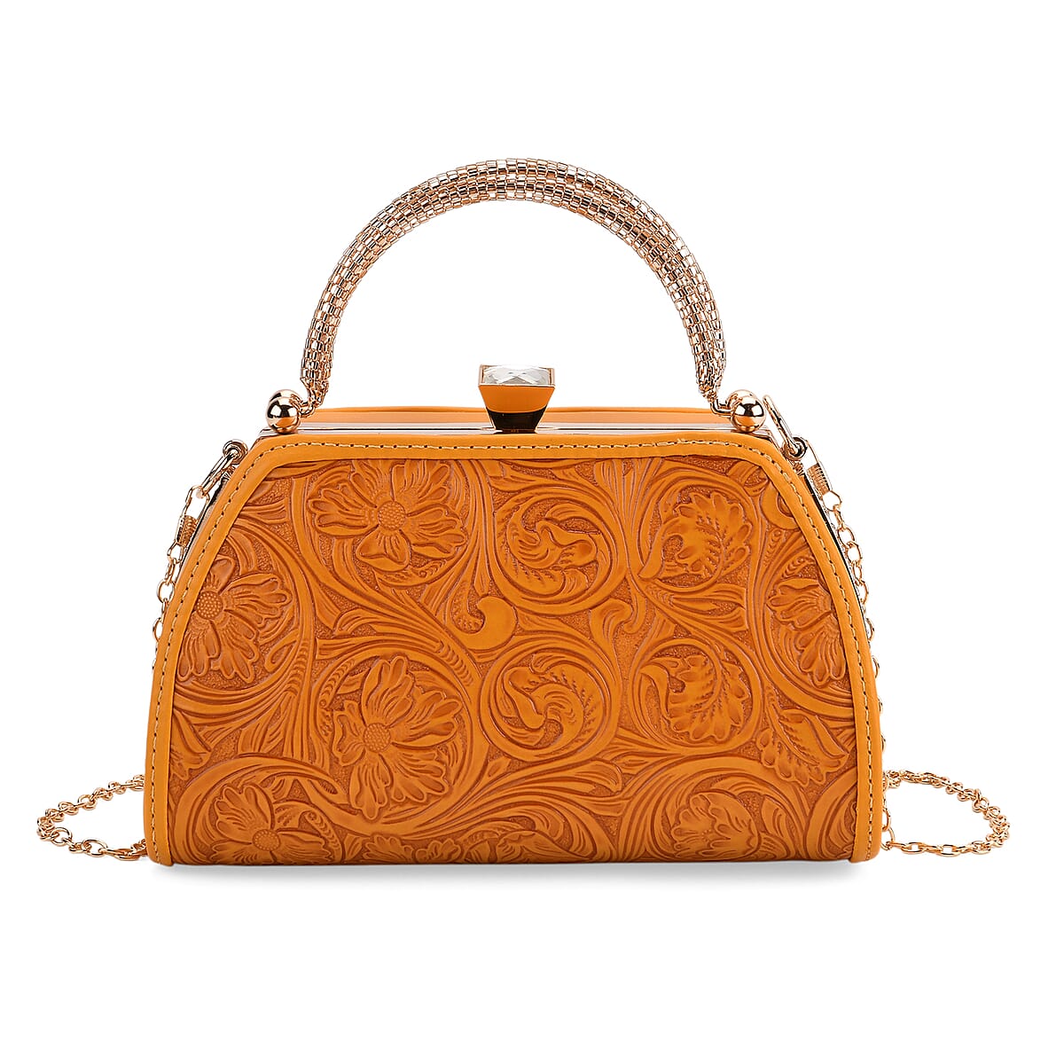  Orange Flower Embossed Faux Leather Trapezoidal Clutch Bag with Shoulder Strap image number 0
