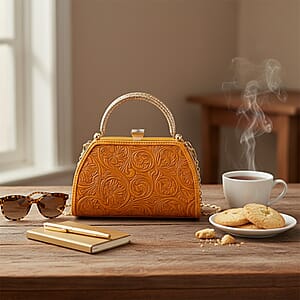  Orange Flower Embossed Faux Leather Trapezoidal Clutch Bag with Shoulder Strap