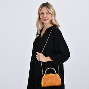  Orange Flower Embossed Faux Leather Trapezoidal Clutch Bag with Shoulder Strap