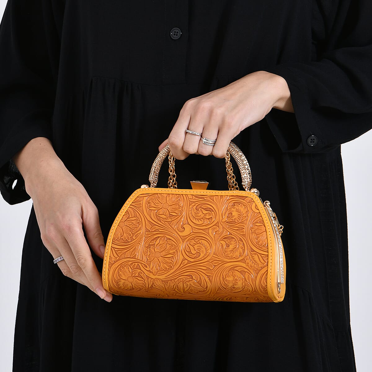  Orange Flower Embossed Faux Leather Trapezoidal Clutch Bag with Shoulder Strap image number 3