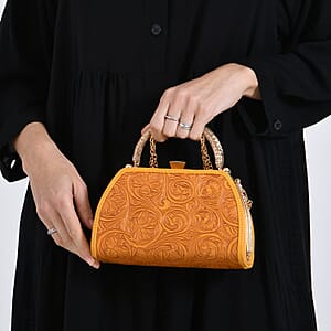 Orange Flower Embossed Faux Leather Trapezoidal Clutch Bag with Shoulder Strap