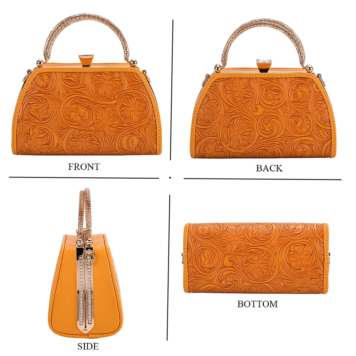  Orange Flower Embossed Faux Leather Trapezoidal Clutch Bag with Shoulder Strap image number 4