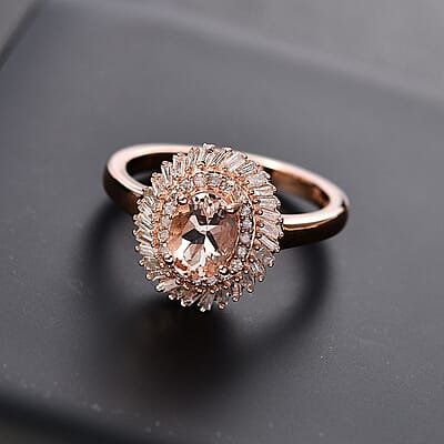 D'Joy Premium Marropino Morganite and Diamond 1.15 ctw Double Halo Ring in 18K Vermeil Rose Gold Over Sterling Silver (Size 10.0)
