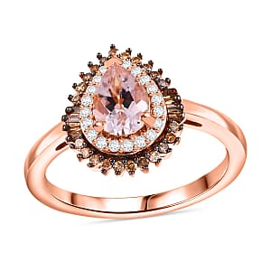 Premium Marropino Morganite, Natural Champagne and White Diamond 0.85 ctw Double Halo Ring in 18K Vermeil Rose Gold Over Sterling Silver (Size 9.0)