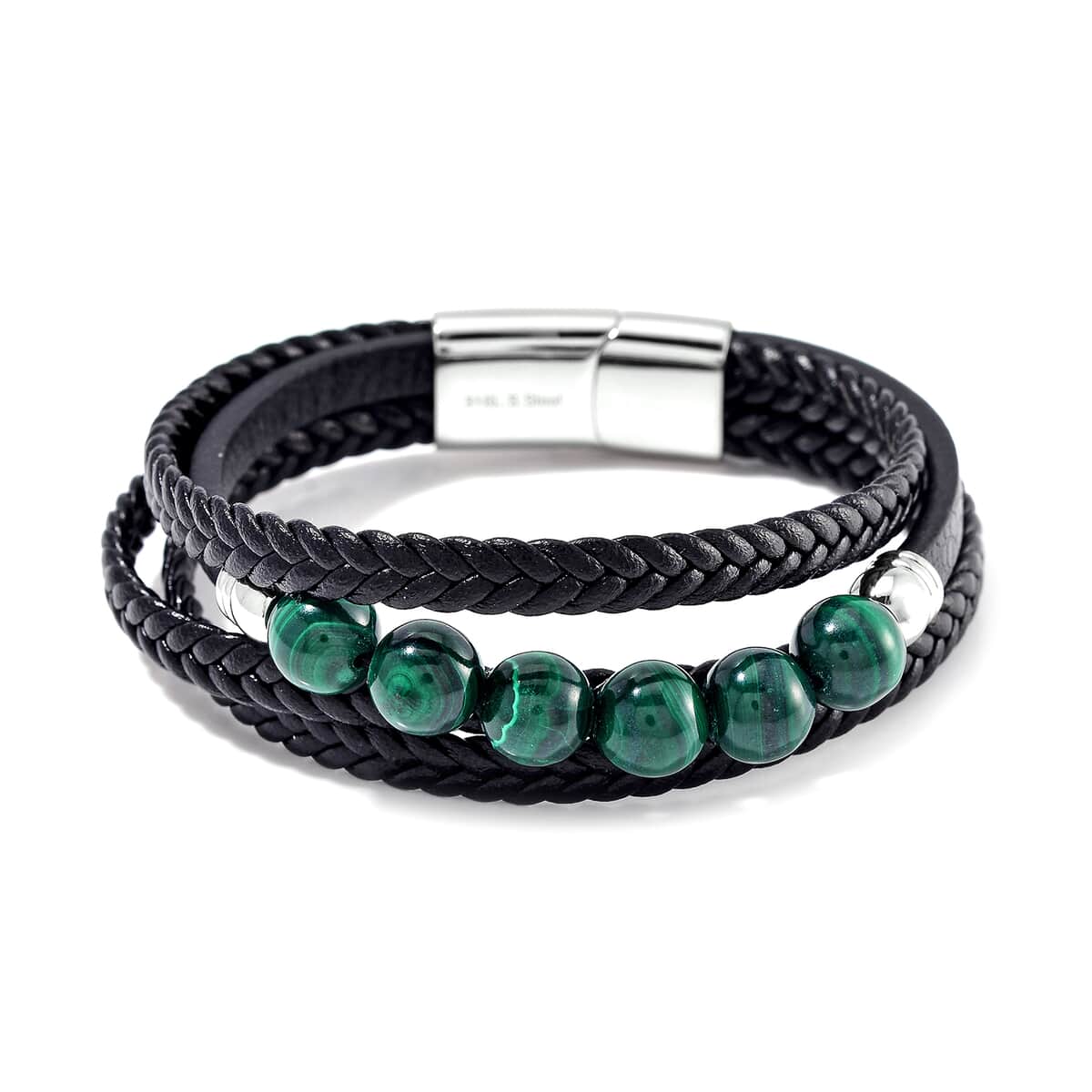 African Malachite 60.00 ctw Leather Cord Bracelet in Stainless Steel (7.50 In) image number 0