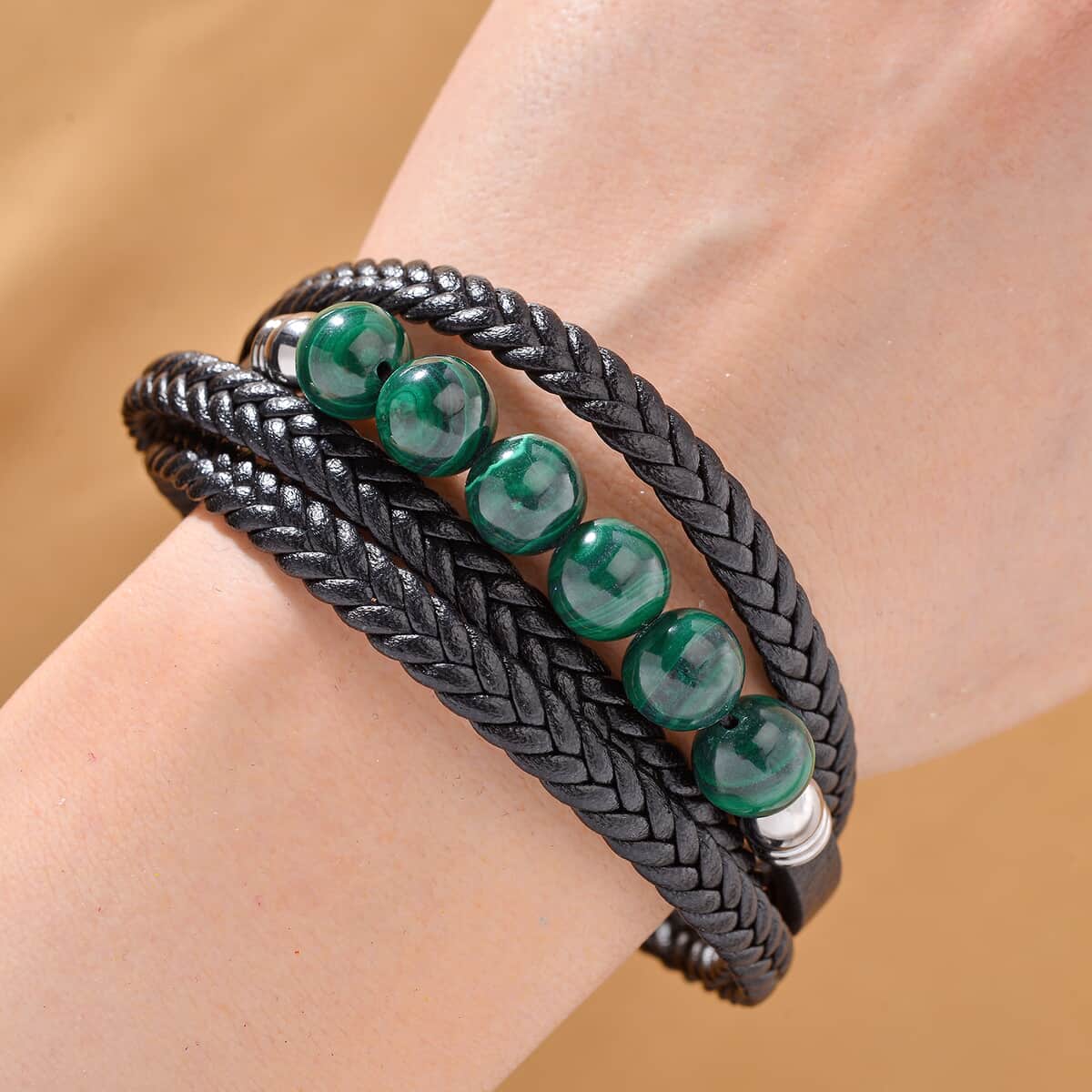 African Malachite 60.00 ctw Leather Cord Bracelet in Stainless Steel (7.50 In) image number 1