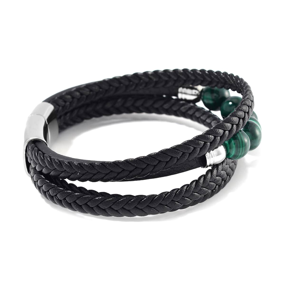 African Malachite 60.00 ctw Leather Cord Bracelet in Stainless Steel (7.50 In) image number 2