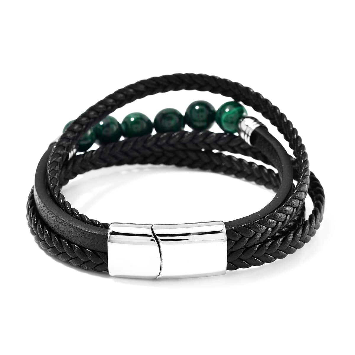 African Malachite 60.00 ctw Leather Cord Bracelet in Stainless Steel (7.50 In) image number 3