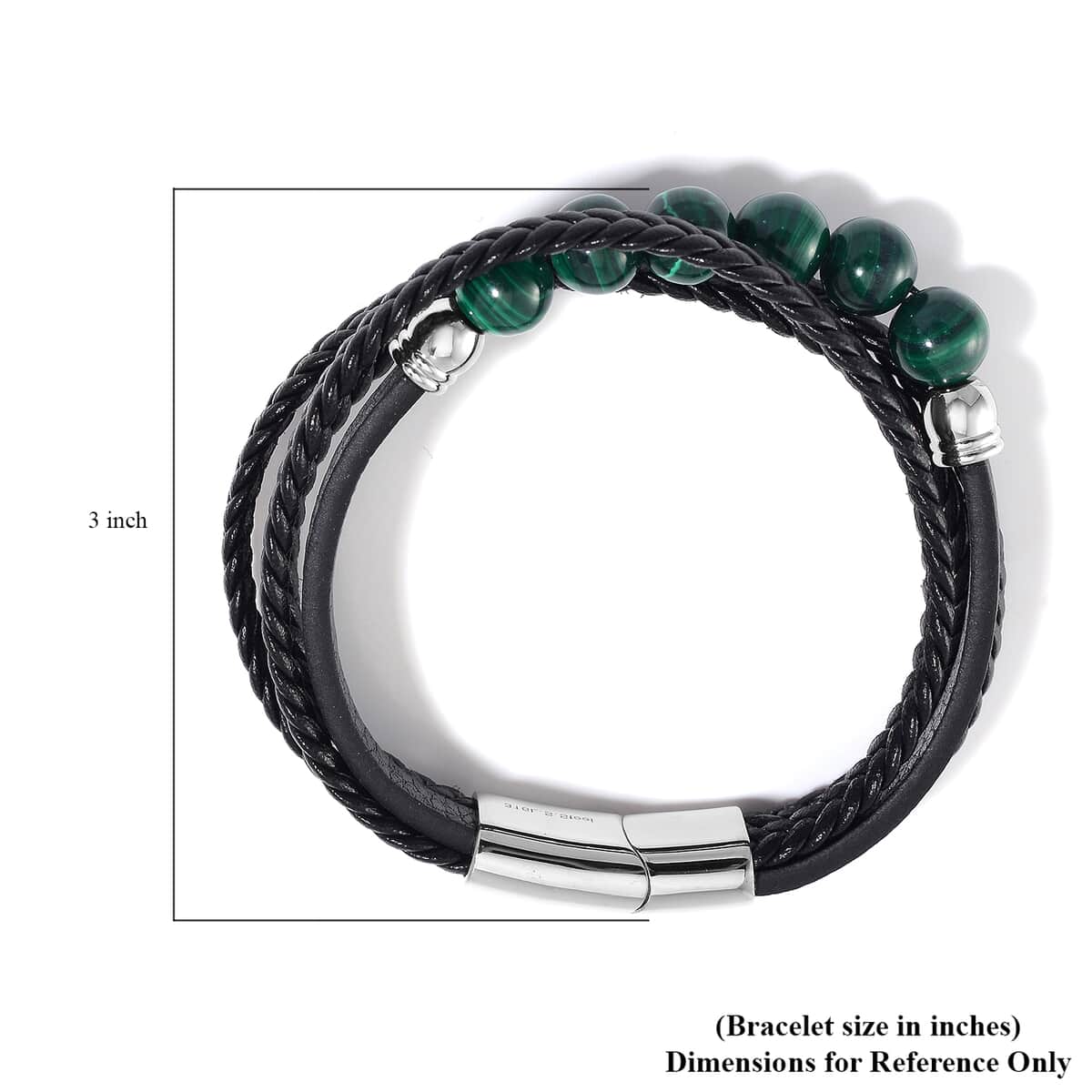 African Malachite 60.00 ctw Leather Cord Bracelet in Stainless Steel (7.50 In) image number 5