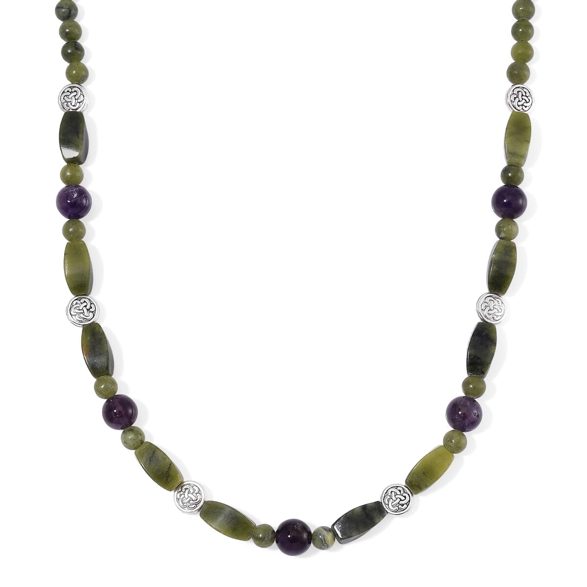 Connemara Marble and African Amethyst Beaded 185.00 ctw Necklace 18-20 Inches in Silvertone  image number 0