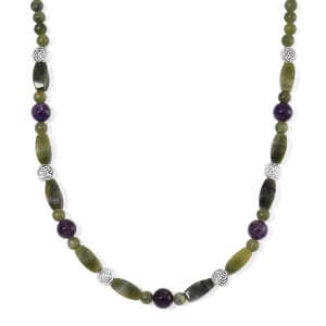 Connemara Marble and African Amethyst Beaded 185.00 ctw Necklace 18-20 Inches in Silvertone 