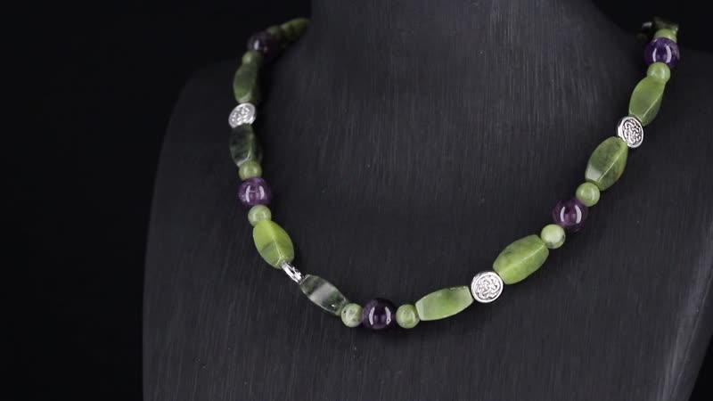Connemara Marble and African Amethyst Beaded 185.00 ctw Necklace 18-20 Inches in Silvertone