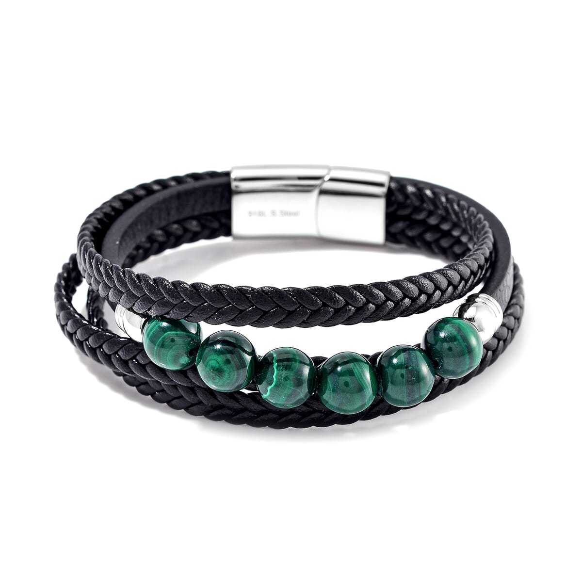 African Malachite 60.00 ctw Leather Cord Bracelet in Stainless Steel (8.00 In) image number 0