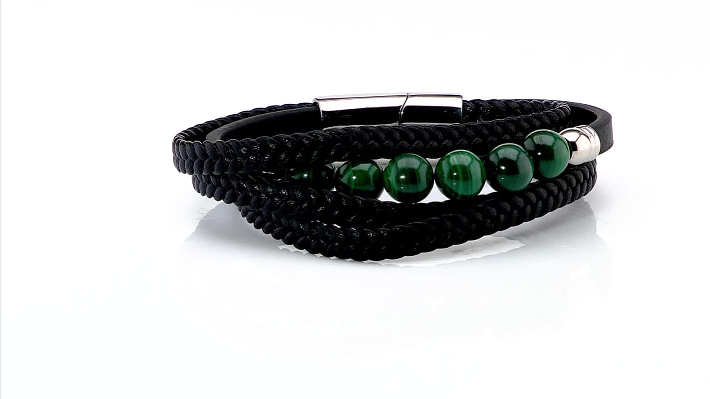 African Malachite Leather Cord Bracelet in Stainless Steel (7.50 In) 60.00 ctw