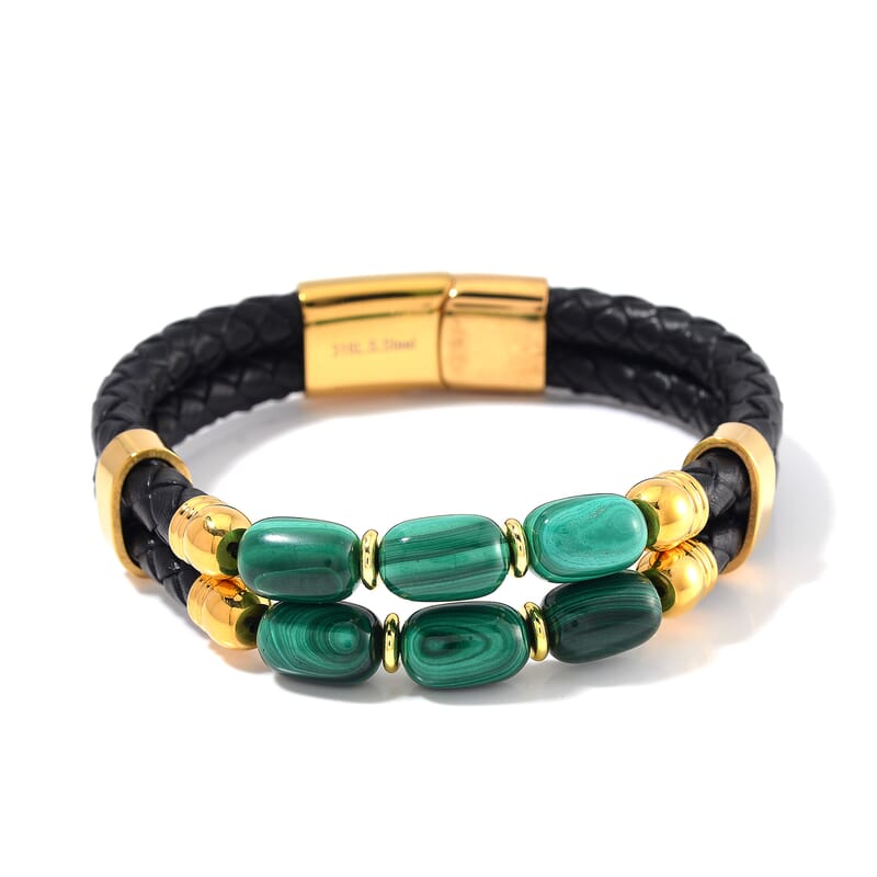 African Malachite 60.00 ctw Leather Cord Bracelet in ION Plated YG Stainless Steel (7.50 In)