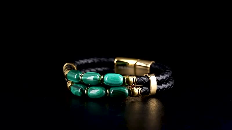 African Malachite 60.00 ctw Leather Cord Bracelet in ION Plated YG Stainless Steel (7.50 In)