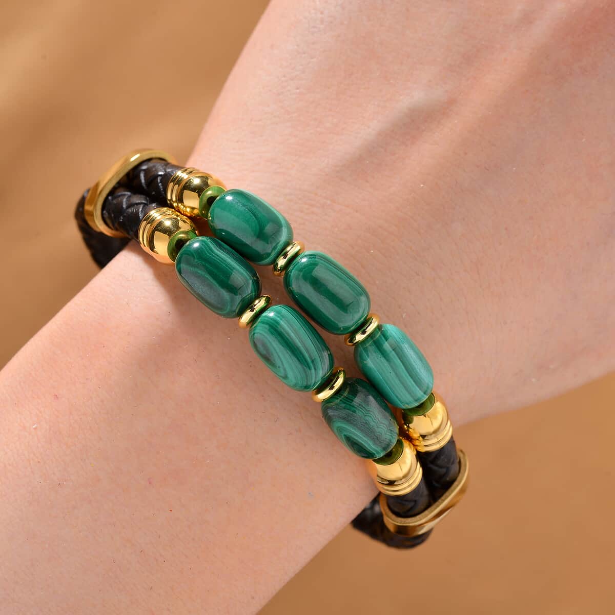 African Malachite 60.00 ctw Leather Cord Bracelet in ION Plated YG Stainless Steel (7.50 In) image number 1