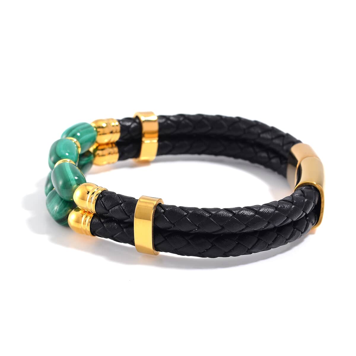 African Malachite 60.00 ctw Leather Cord Bracelet in ION Plated YG Stainless Steel (7.50 In) image number 2