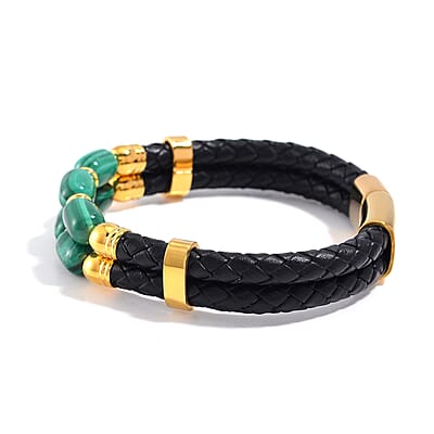 African Malachite 60.00 ctw Leather Cord Bracelet in ION Plated YG Stainless Steel (7.50 In)