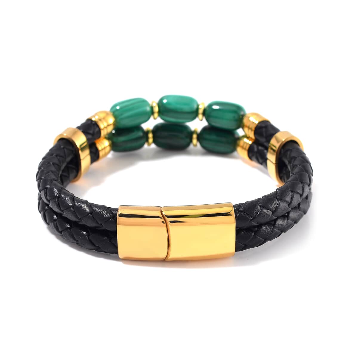 African Malachite 60.00 ctw Leather Cord Bracelet in ION Plated YG Stainless Steel (7.50 In) image number 3