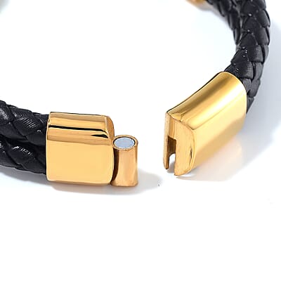 African Malachite 60.00 ctw Leather Cord Bracelet in ION Plated YG Stainless Steel (7.50 In)