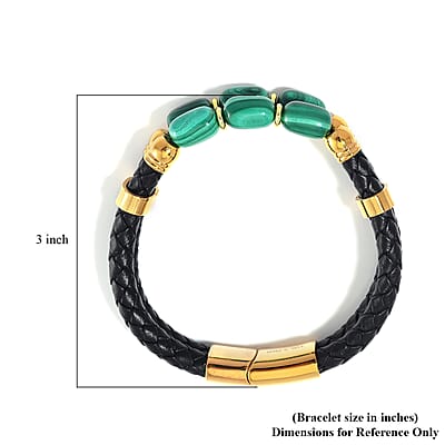 African Malachite 60.00 ctw Leather Cord Bracelet in ION Plated YG Stainless Steel (7.50 In)