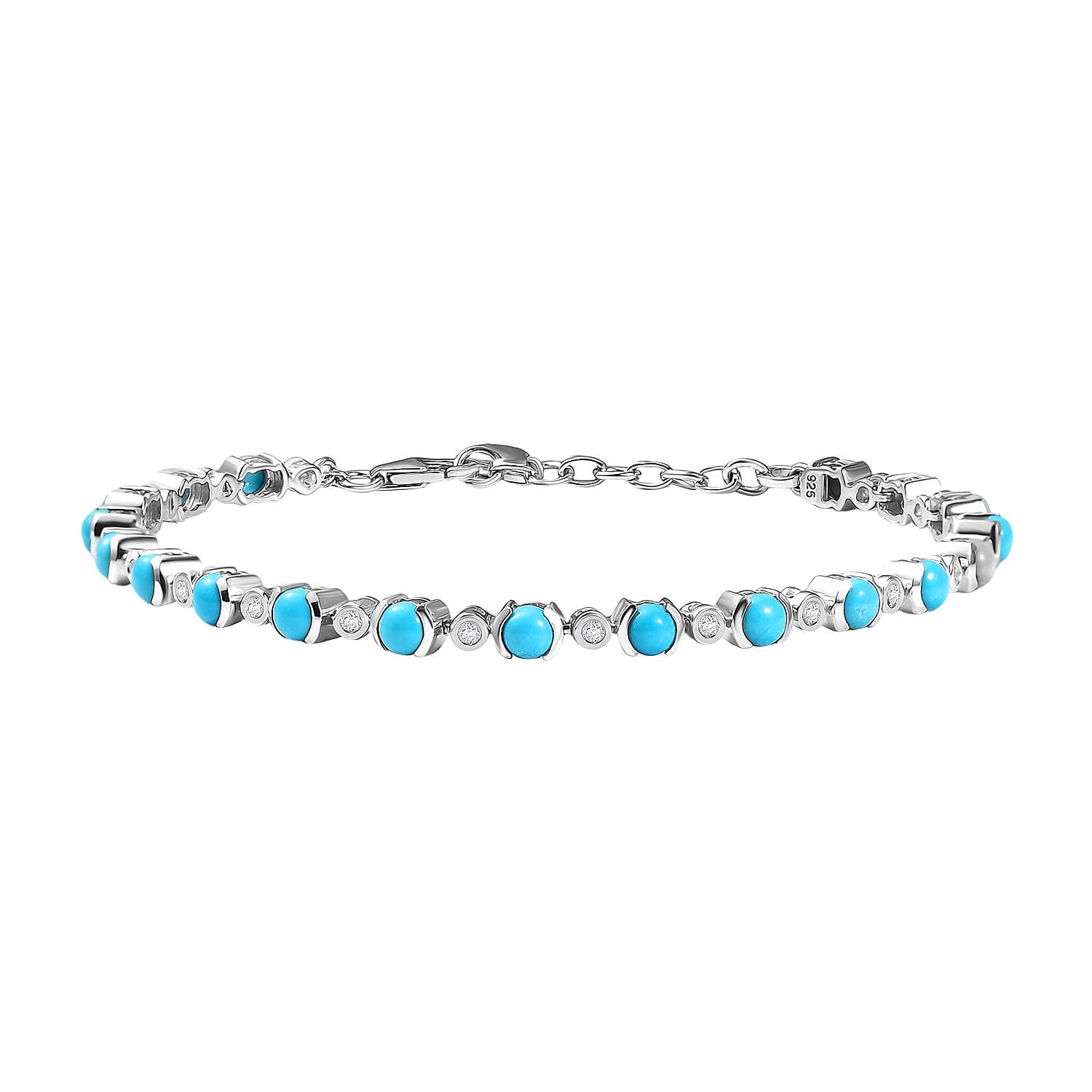 Premium Sleeping Beauty Turquoise and White Zircon 7.15 ctw Bracelet in Rhodium Over Sterling Silver (7.5 In) (10.1 g)