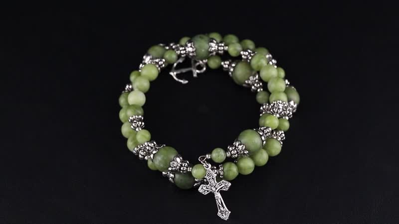 Connemara Marble Beaded Stretch 250.00 ctw Bracelet with Charm in Silvertone