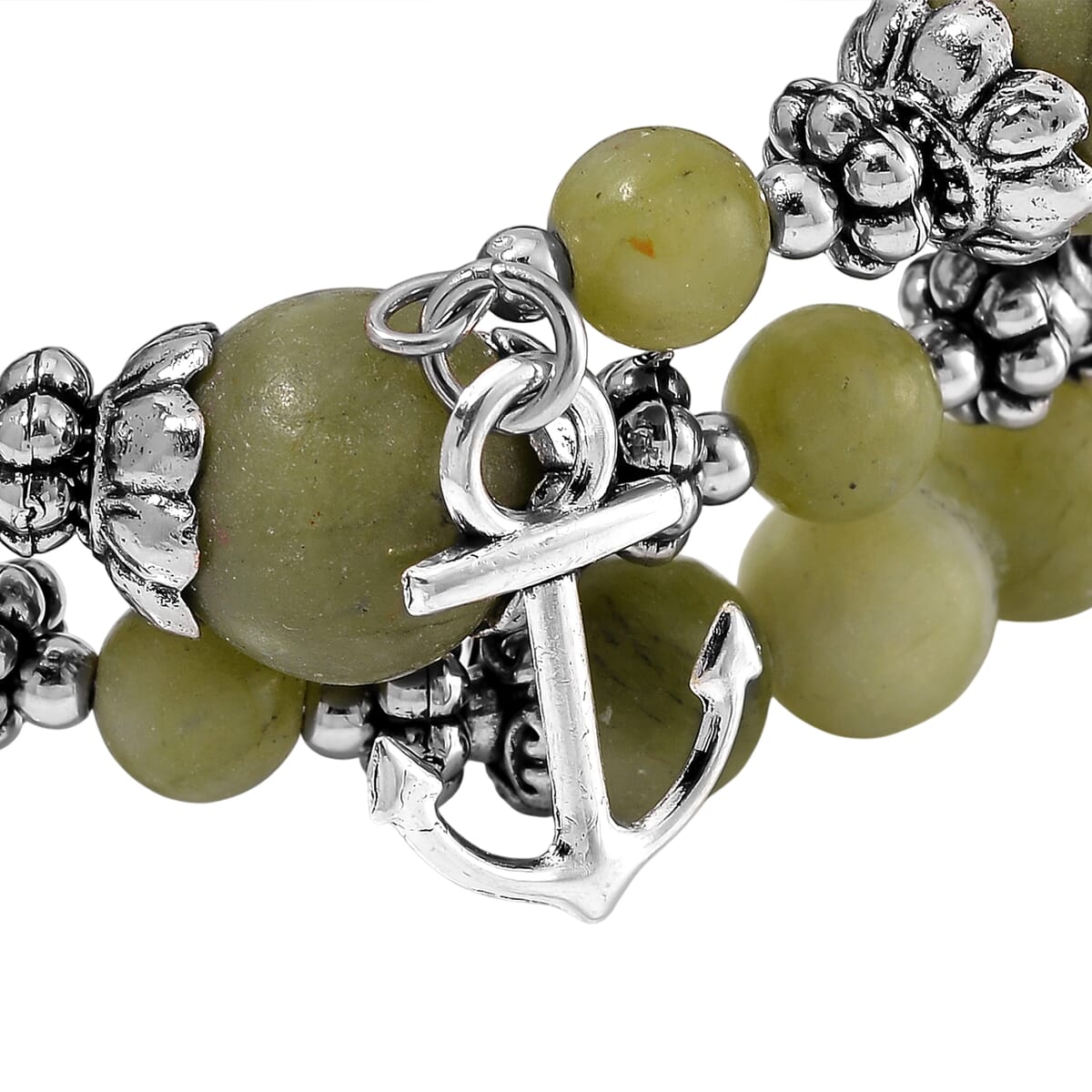 Connemara Marble Beaded Stretch 250.00 ctw Bracelet with Charm in Silvertone  image number 4