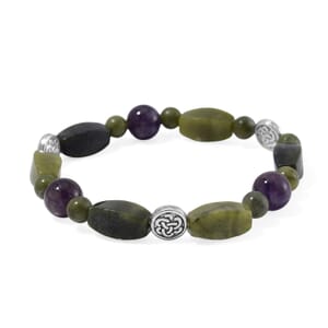 Connemara Marble and African Amethyst Beaded Stretch 80.00 ctw Bracelet in Silvrtone 