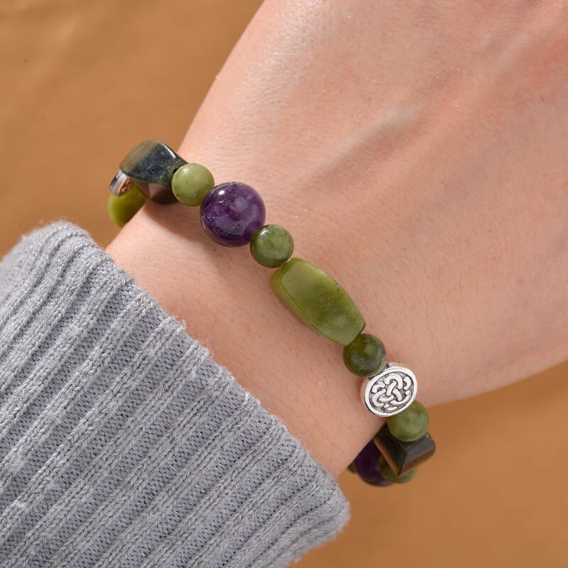 Connemara Marble and African Amethyst Beaded Stretch 80.00 ctw Bracelet in Silvrtone 