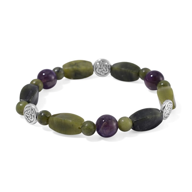 Connemara Marble and African Amethyst Beaded Stretch 80.00 ctw Bracelet in Silvrtone 