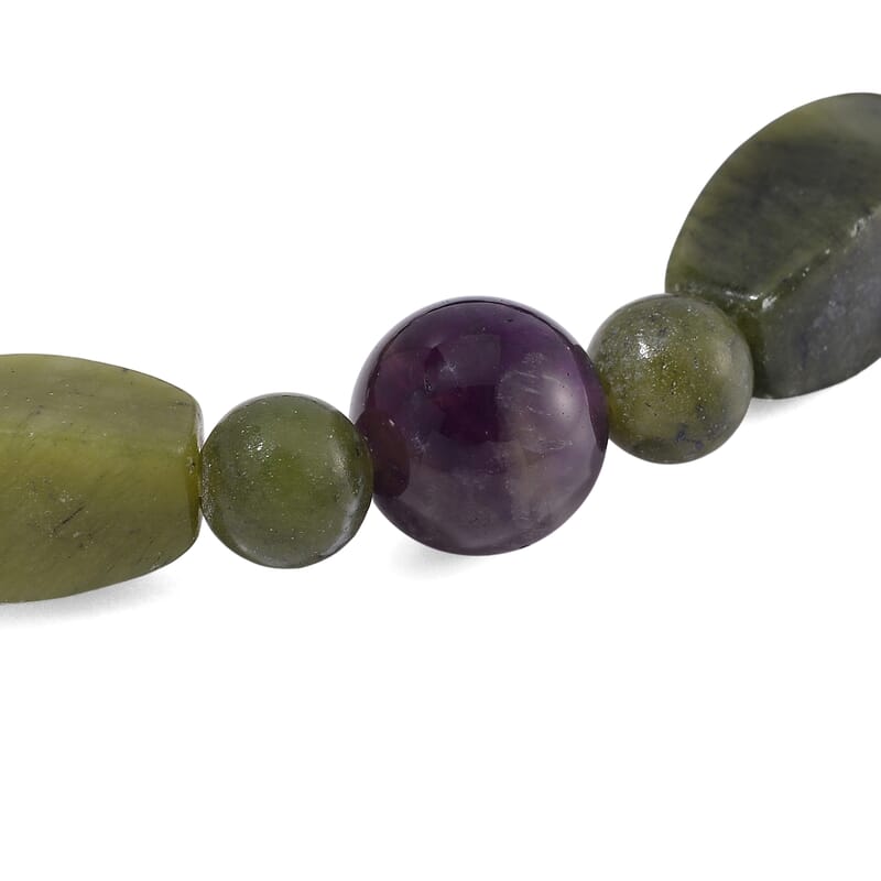 Connemara Marble and African Amethyst Beaded Stretch 80.00 ctw Bracelet in Silvrtone 