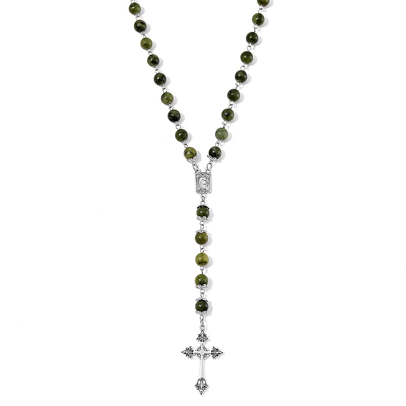 Connemara Marble 144.00 ctw Beaded Cross Necklace in Silvertone 24 Inches