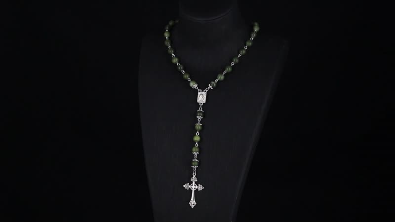 Connemara Marble 144.00 ctw Beaded Cross Necklace in Silvertone 24 Inches