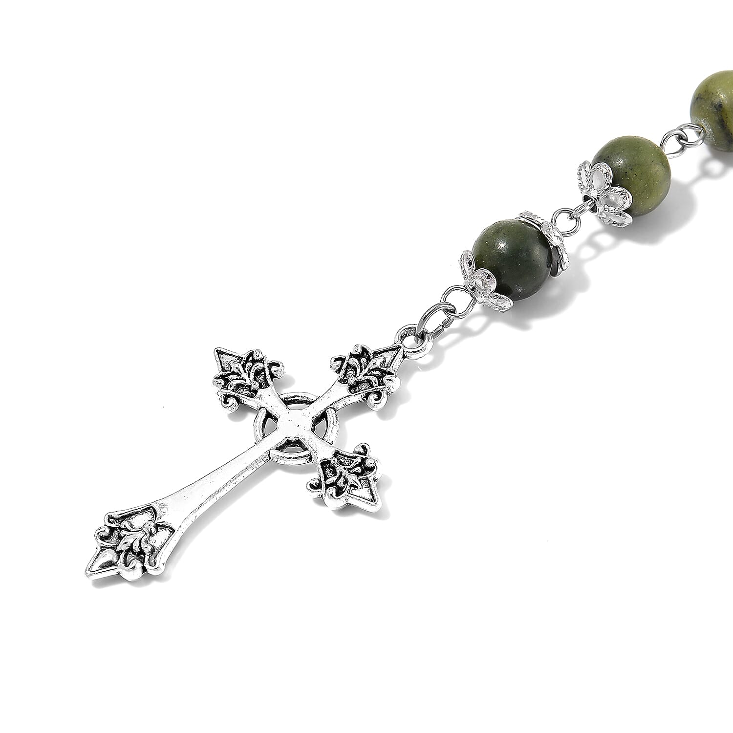 Connemara Marble 144.00 ctw Beaded Cross Necklace in Silvertone 24 Inches