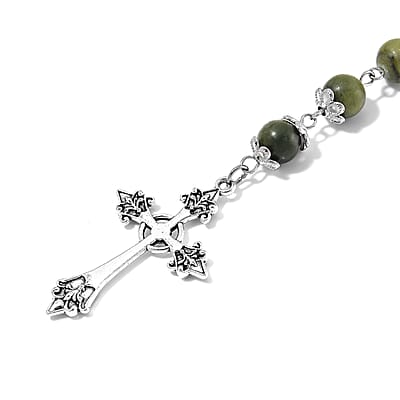 Connemara Marble 144.00 ctw Beaded Cross Necklace in Silvertone 24 Inches