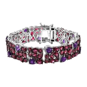 D'Joy Premium Orissa Rhodolite Garnet and African Amethyst 35.90 ctw Cluster Bracelet in Rhodium Over Sterling Silver (6.50 In)