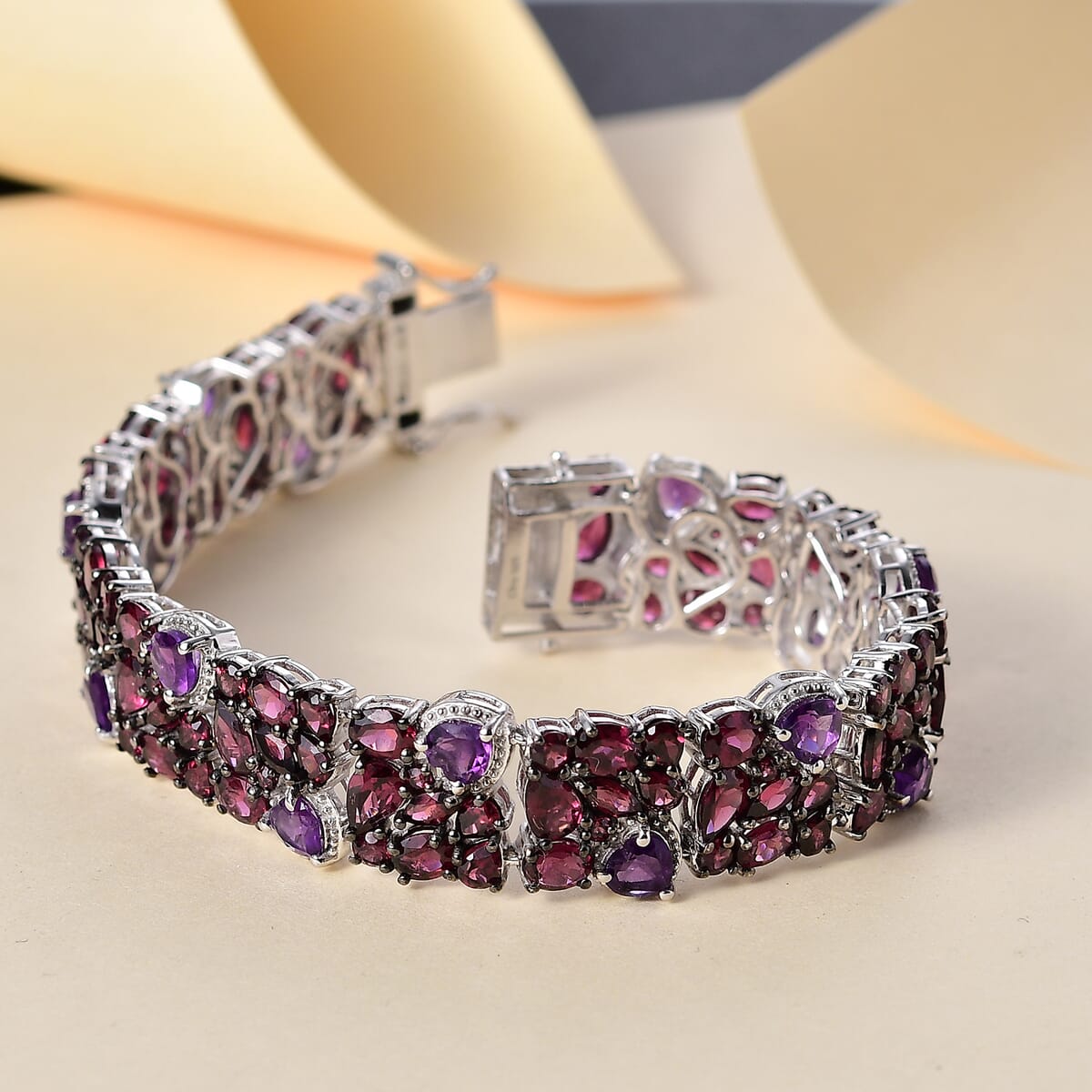 D'Joy Premium Orissa Rhodolite Garnet and African Amethyst 35.90 ctw Cluster Bracelet in Rhodium Over Sterling Silver (6.50 In) image number 1