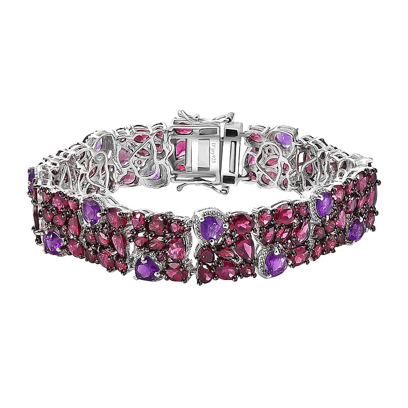 D'Joy Premium Orissa Rhodolite Garnet and African Amethyst 39.80 ctw Cluster Bracelet in Rhodium Over Sterling Silver (7.25 In)