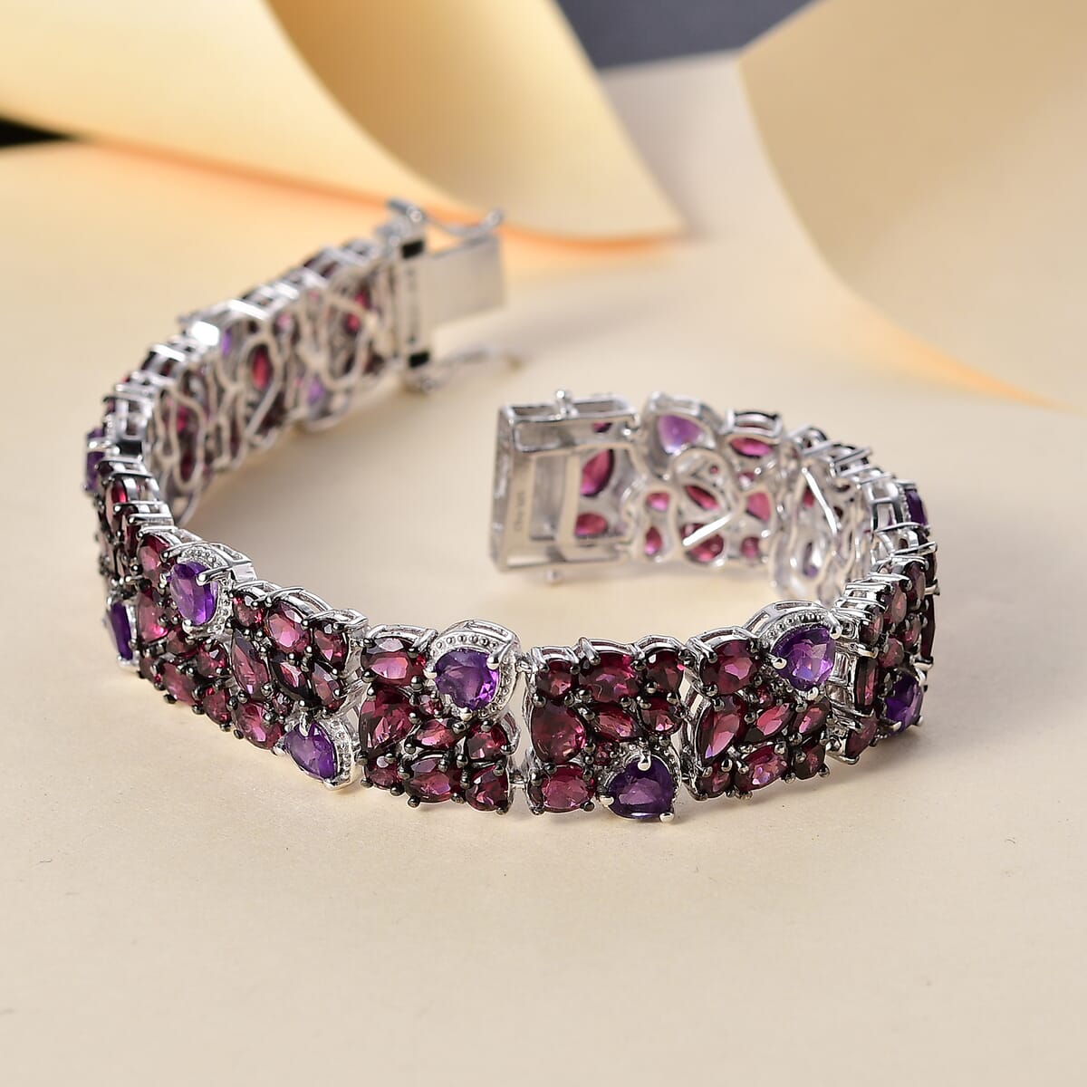 D'Joy Premium Orissa Rhodolite Garnet and African Amethyst 39.80 ctw Cluster Bracelet in Rhodium Over Sterling Silver (7.25 In) image number 1
